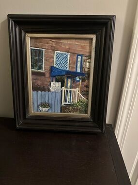 Framed Coastal Cottage Oil Painting with Blue Accents